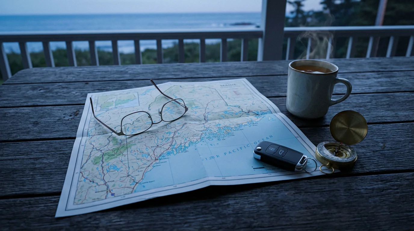 A flat lay of a Maine road trip map, compass, reading glasses, and car keys.