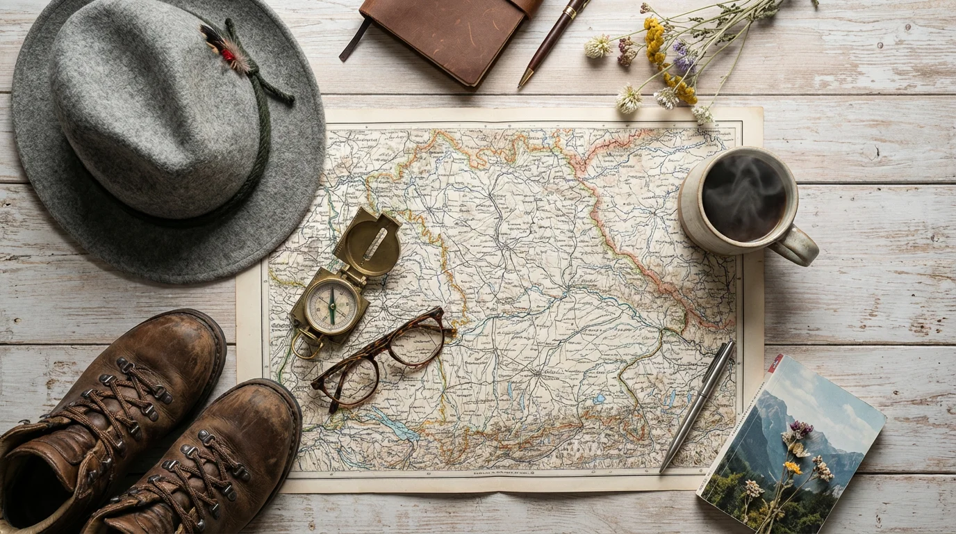 A flat lay of a map of Bavaria with hiking boots, a compass, and a hat.