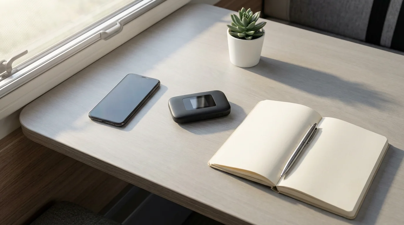 A flat lay of a mobile hotspot, smartphone, and notebook on an RV table.