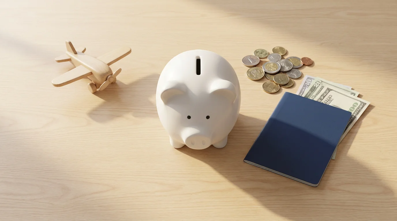 A flat lay of a piggy bank, passport, and foreign currency for travel budgeting.