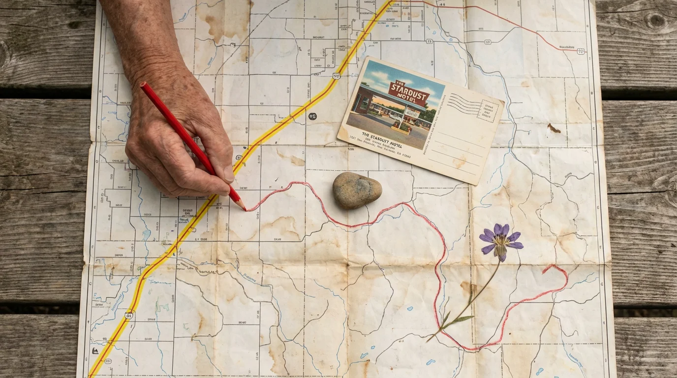 A flat lay of a road map with a hand drawing a spontaneous new route.
