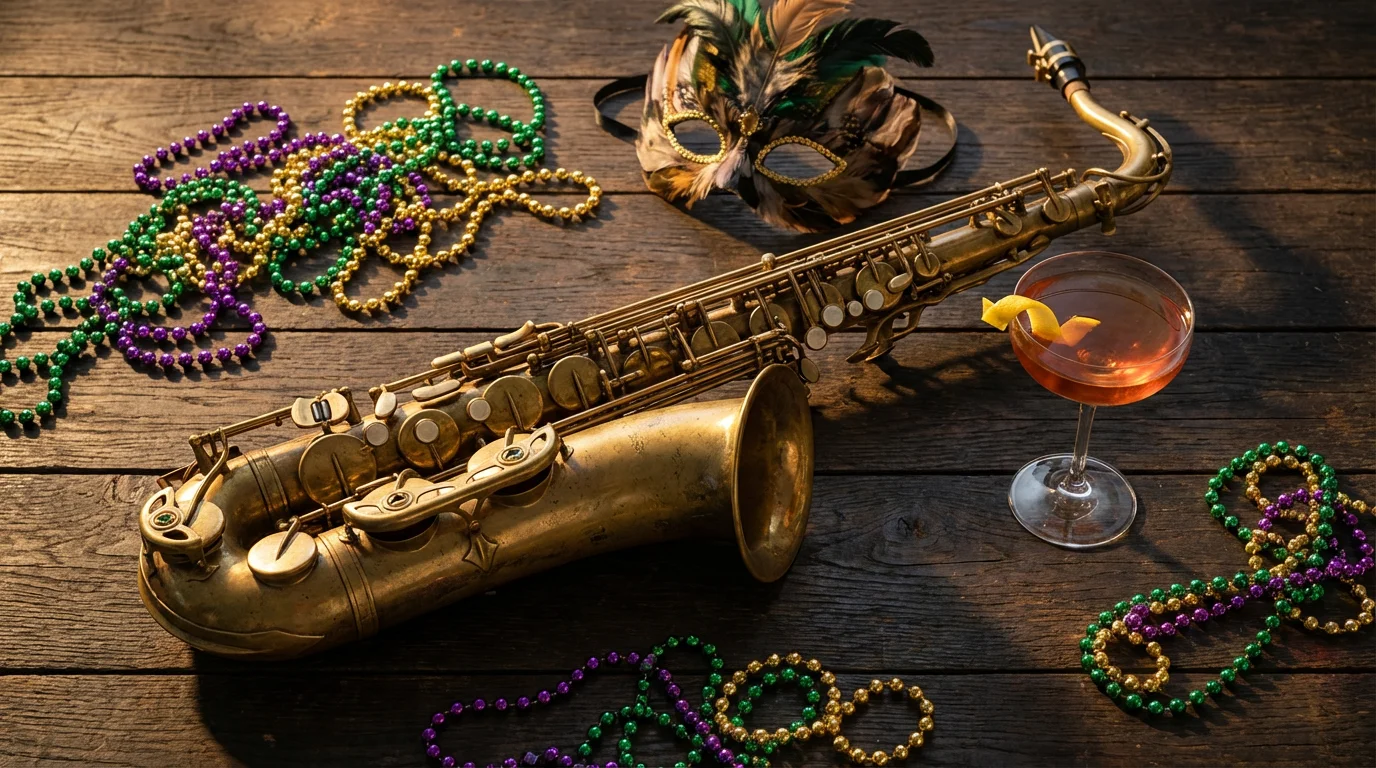 A flat lay of a saxophone, Mardi Gras beads, and a cocktail.