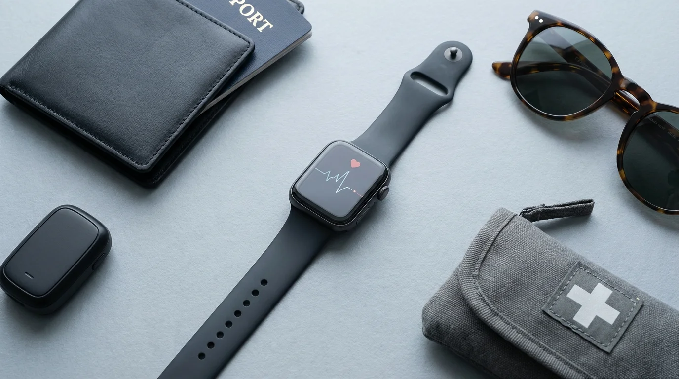 A flat lay of a smartwatch, passport, and travel safety items on a slate surface.