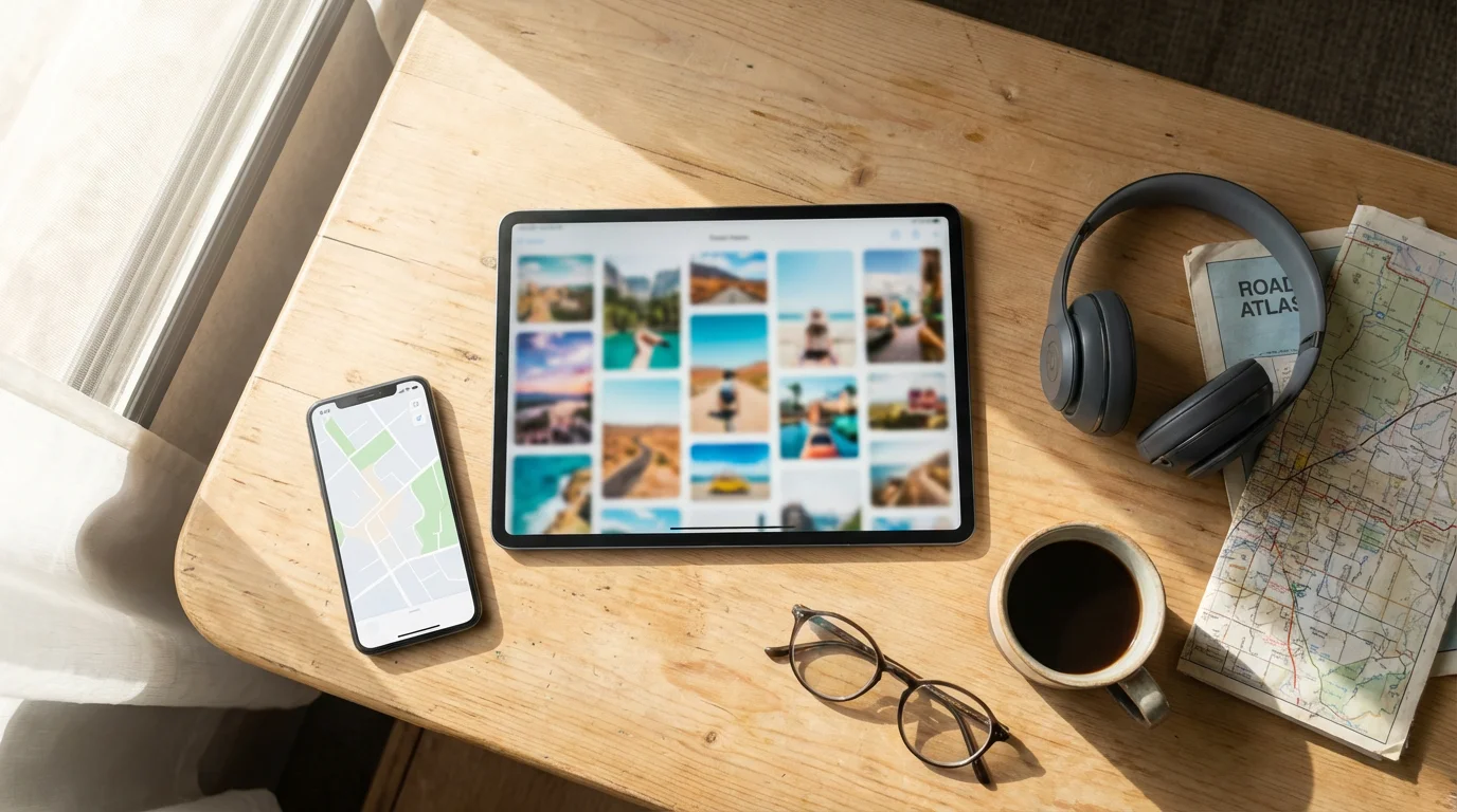A flat lay of a tablet, smartphone, headphones, and map on a table.