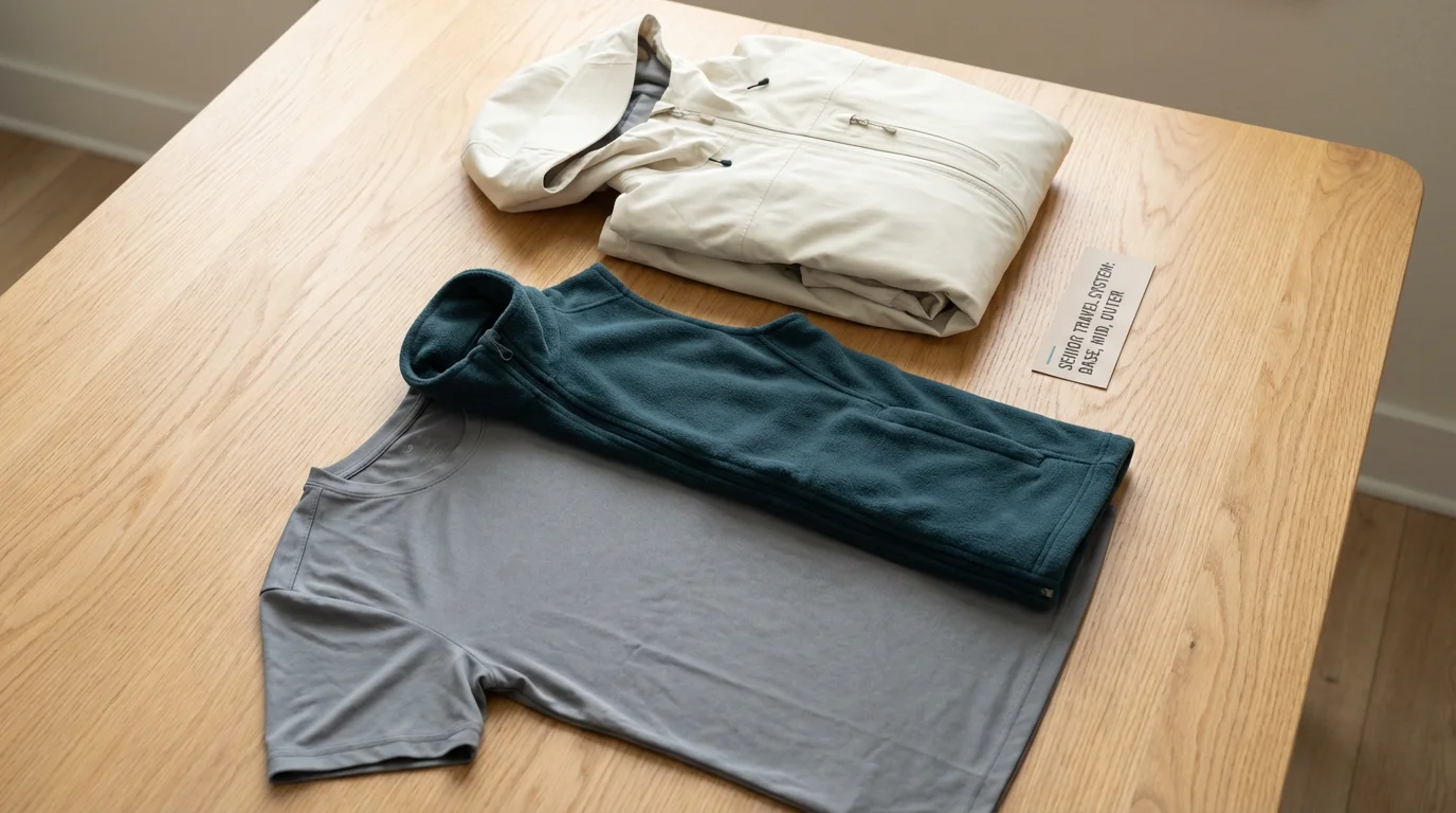 A flat lay of a three-piece travel layering system for seniors on a wood background.