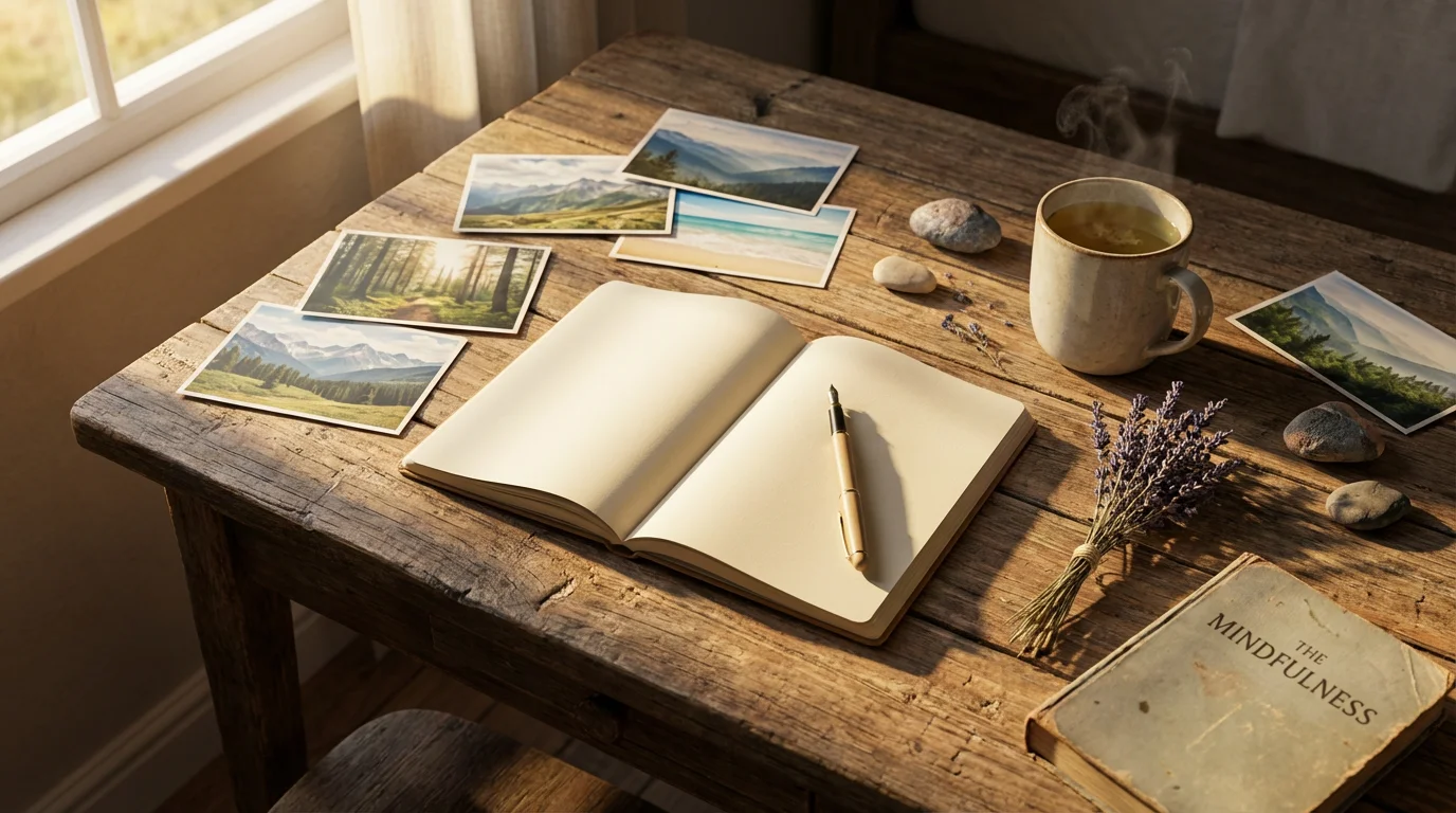 A flat lay of a travel journal, postcards, and tea on a wooden table.