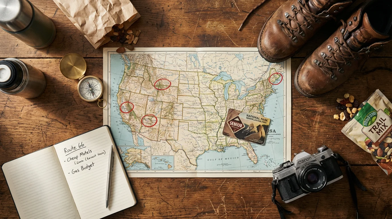 A flat lay of a US map, National Park Senior Pass, and hiking essentials.