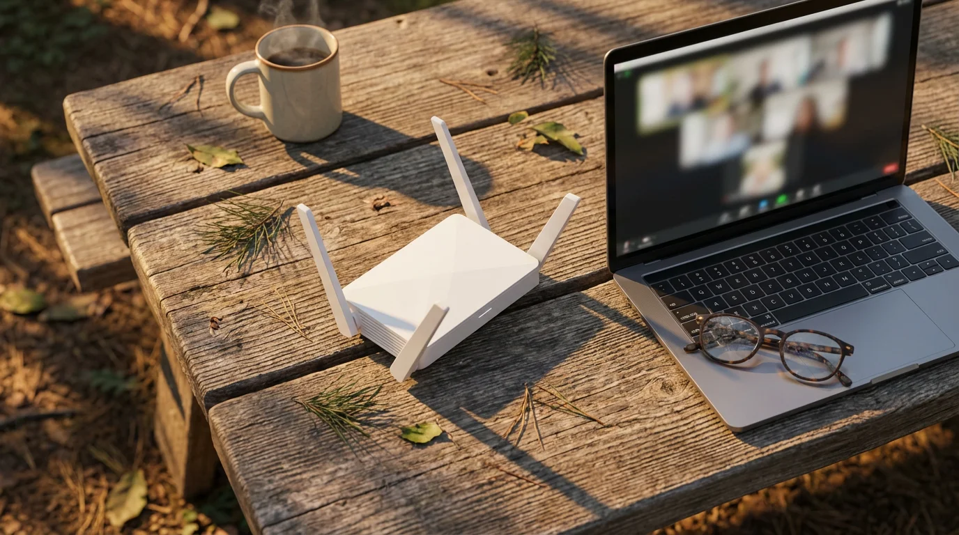 A flat lay of a Wi-Fi booster, laptop, and coffee mug on a picnic table.