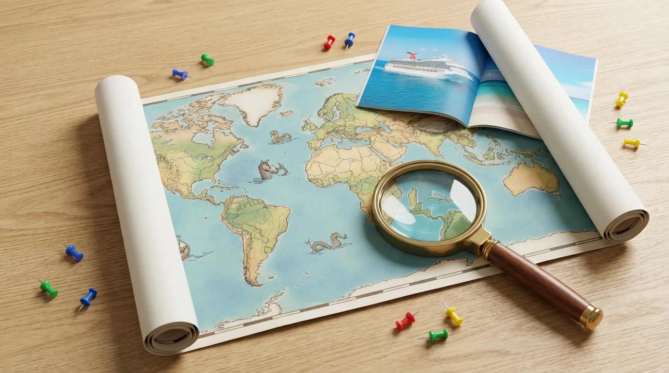 A flat lay of a world map, magnifying glass, and travel brochure for planning.