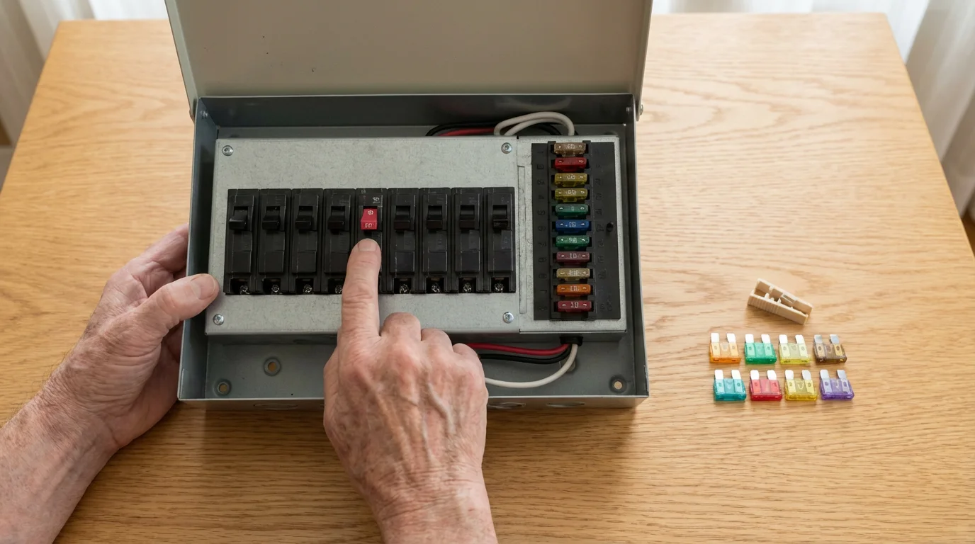 A flat lay of an RV electrical panel with circuit breakers and fuses.