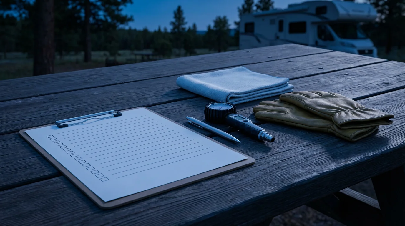 A flat lay of an RV maintenance checklist, pen, tire gauge, and gloves.