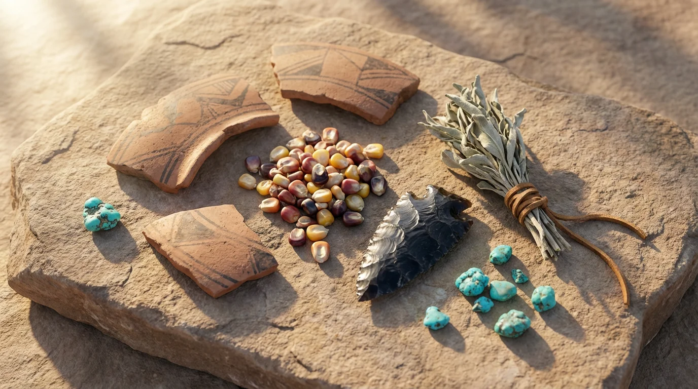 A flat lay of ancient Indigenous artifacts from New Mexico, including pottery and an arrowhead.