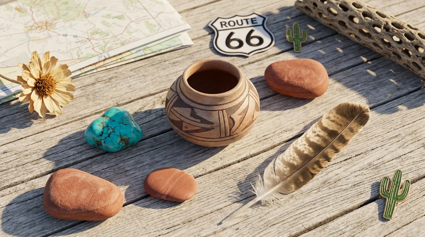A flat lay of Arizona travel mementos including a clay pot and turquoise.