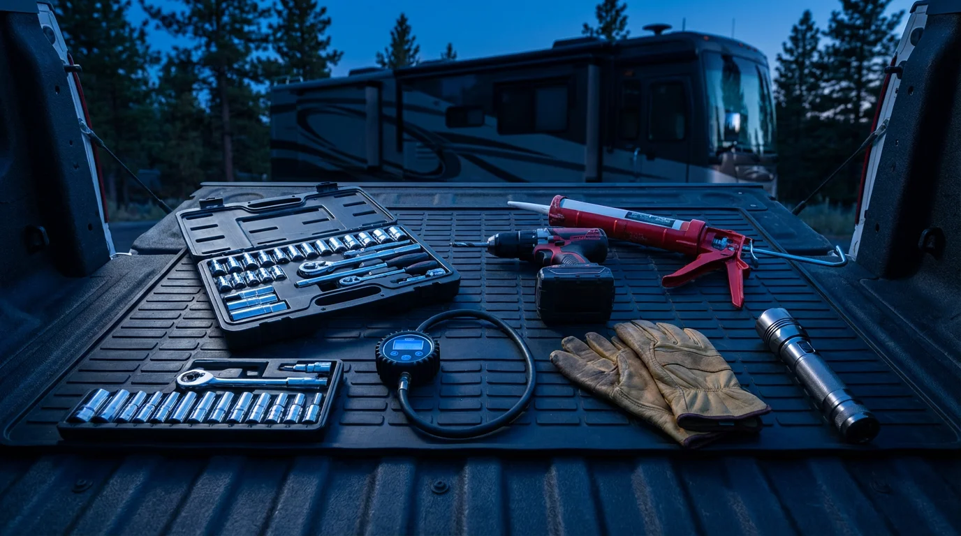 A flat lay of essential RV maintenance tools neatly arranged on a rubber mat.