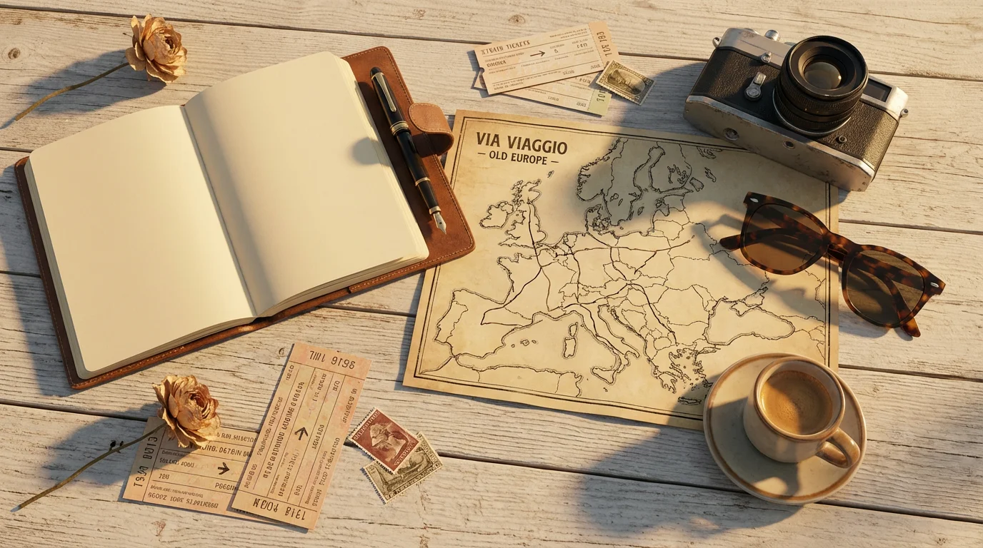 A flat lay of European travel items including a journal, map, and camera.
