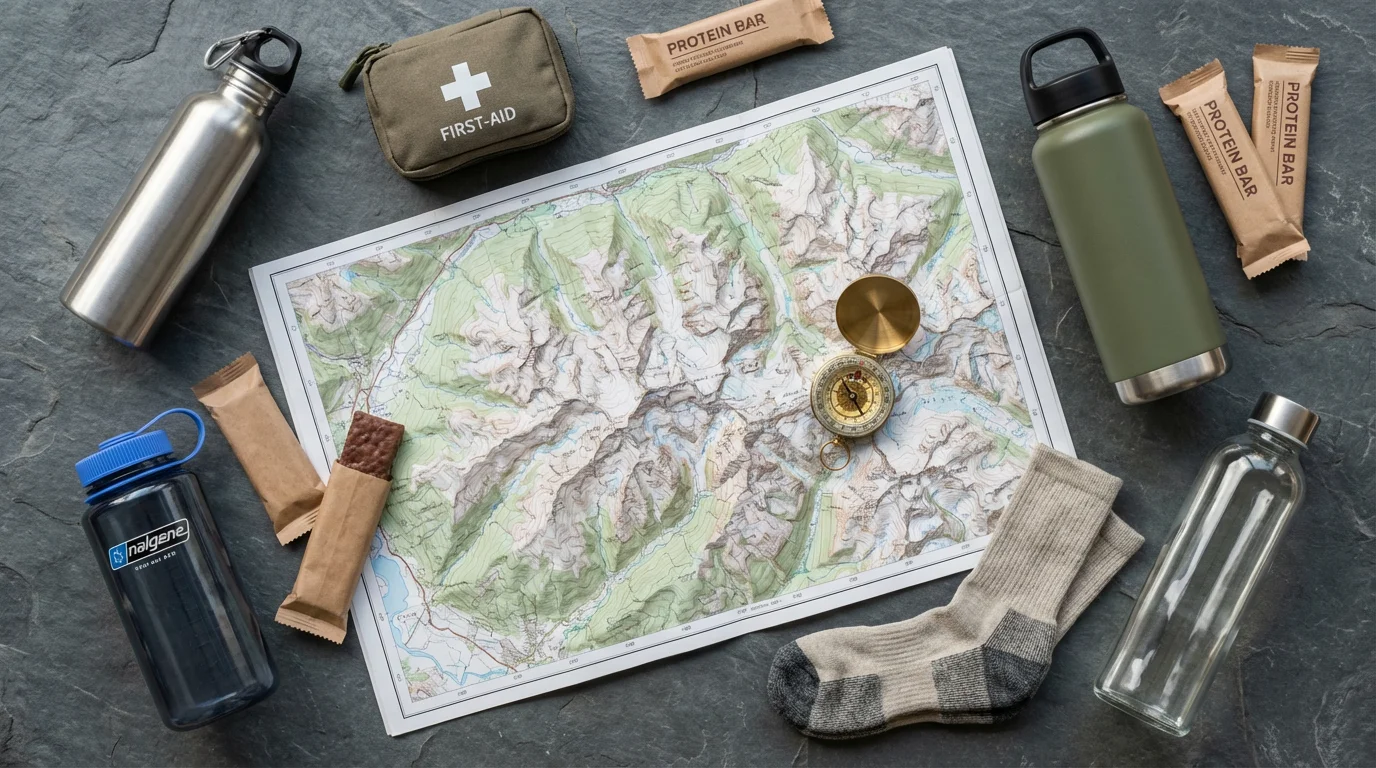 A flat lay of group hiking gear including a map, compass, and water bottles.