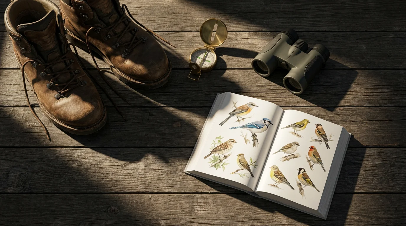 A flat lay of hiking boots, a compass, binoculars, and a bird guide on a wooden surface.
