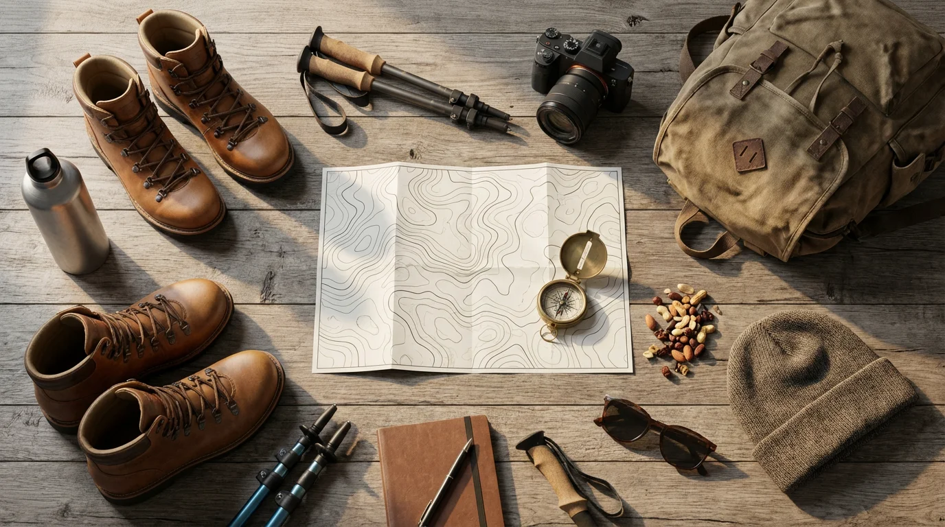A flat lay of hiking boots, trekking poles, a map, and a camera.