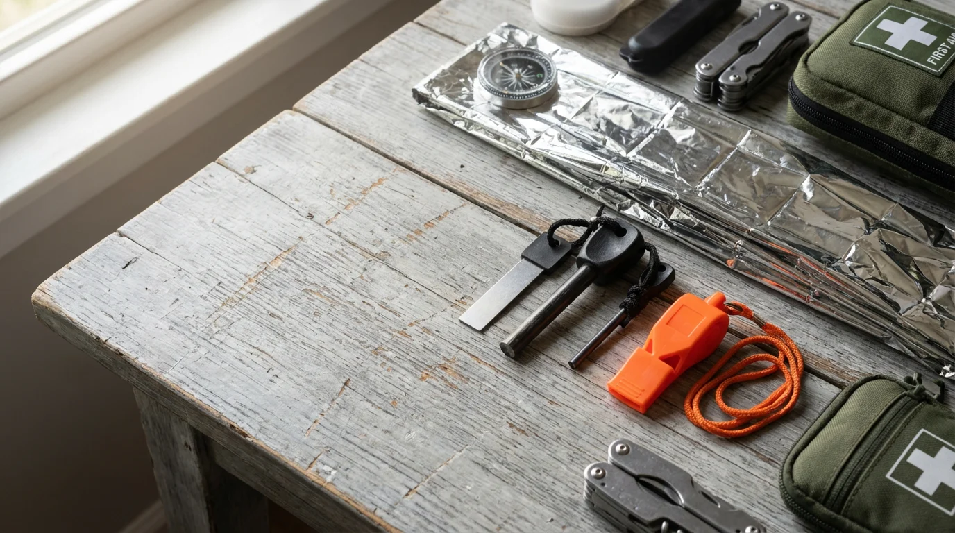 A flat lay of hiking emergency gear: a mylar blanket, fire starter, and whistle.
