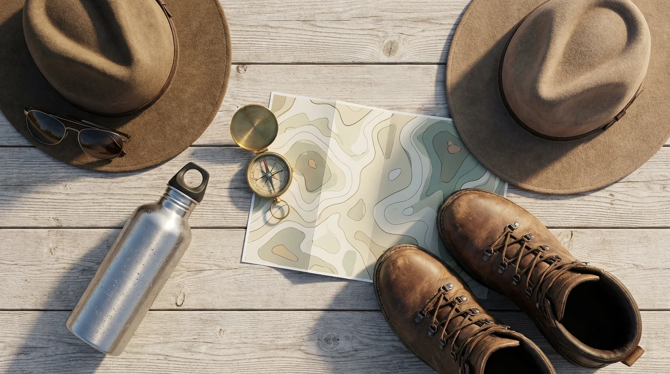 A flat lay of hiking essentials like boots, a hat, a map, and a water bottle.