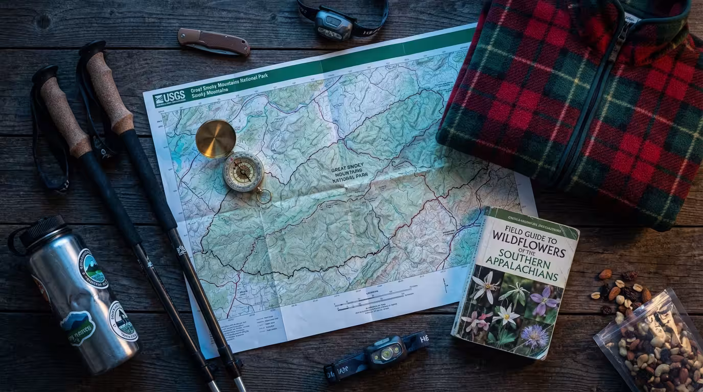 A flat lay of hiking gear for a Smoky Mountains trip at blue hour.