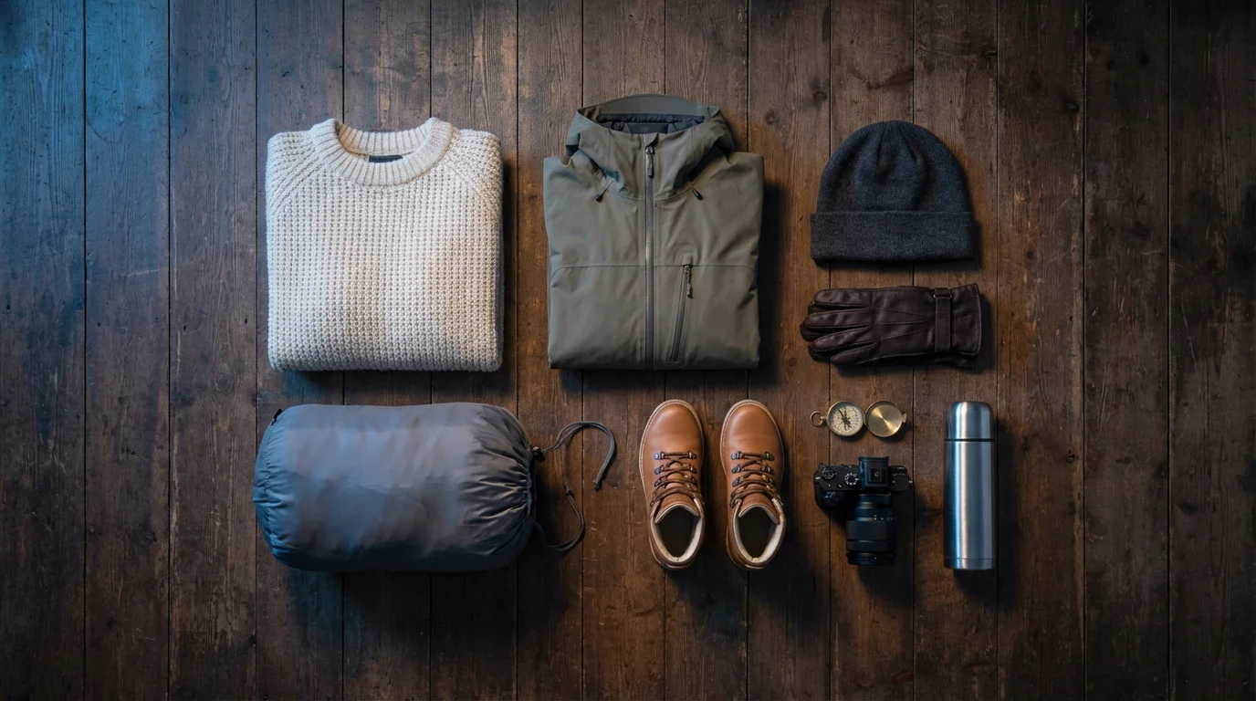 A flat lay of neatly arranged Iceland travel gear including boots, a jacket, and sweater.