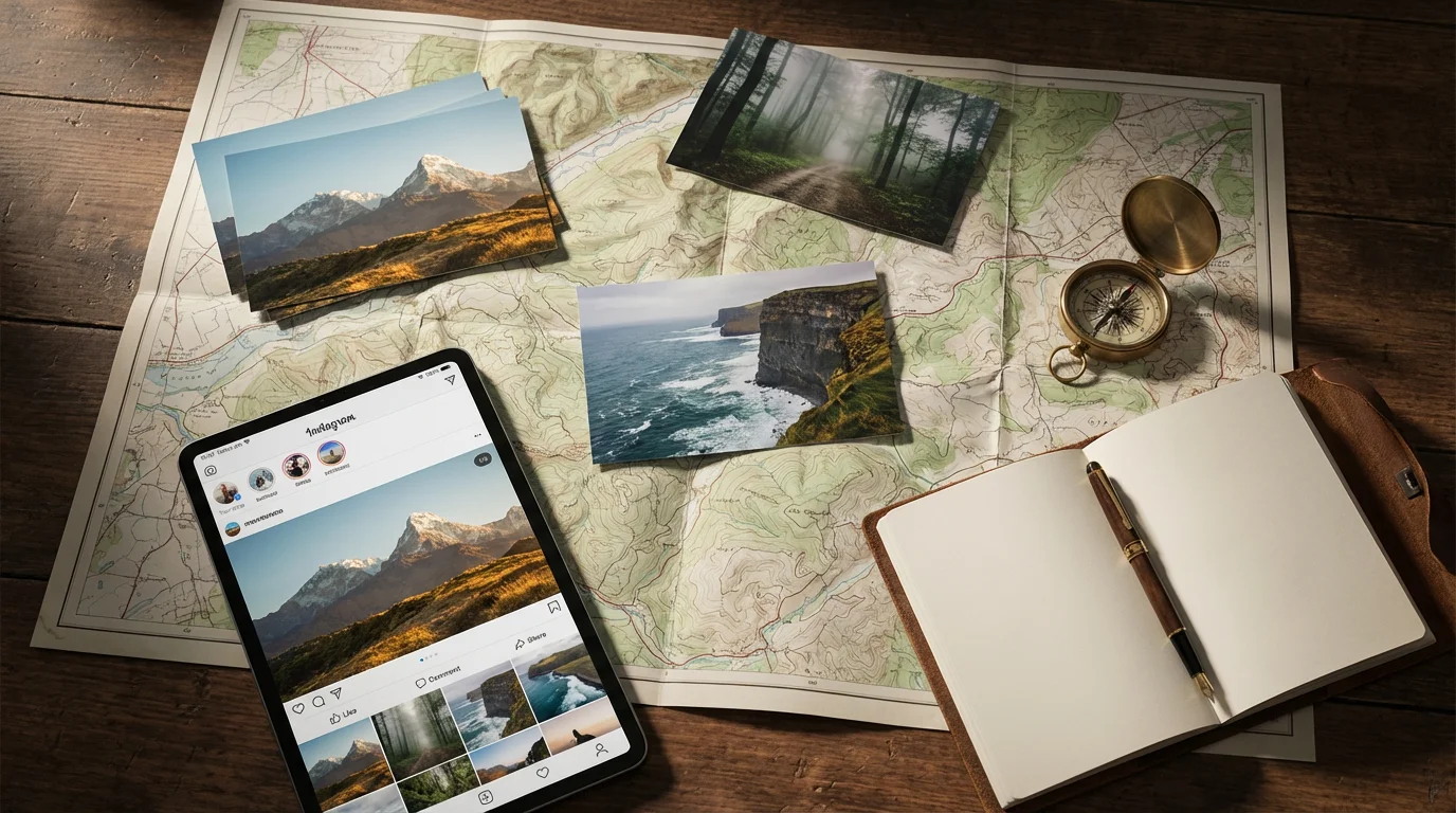 A flat lay of printed outdoor photos, a tablet, compass, and journal on a map.