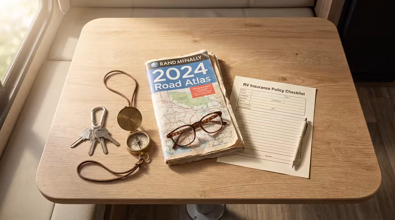 A flat lay of RV keys, a compass, glasses, and insurance papers on a table.