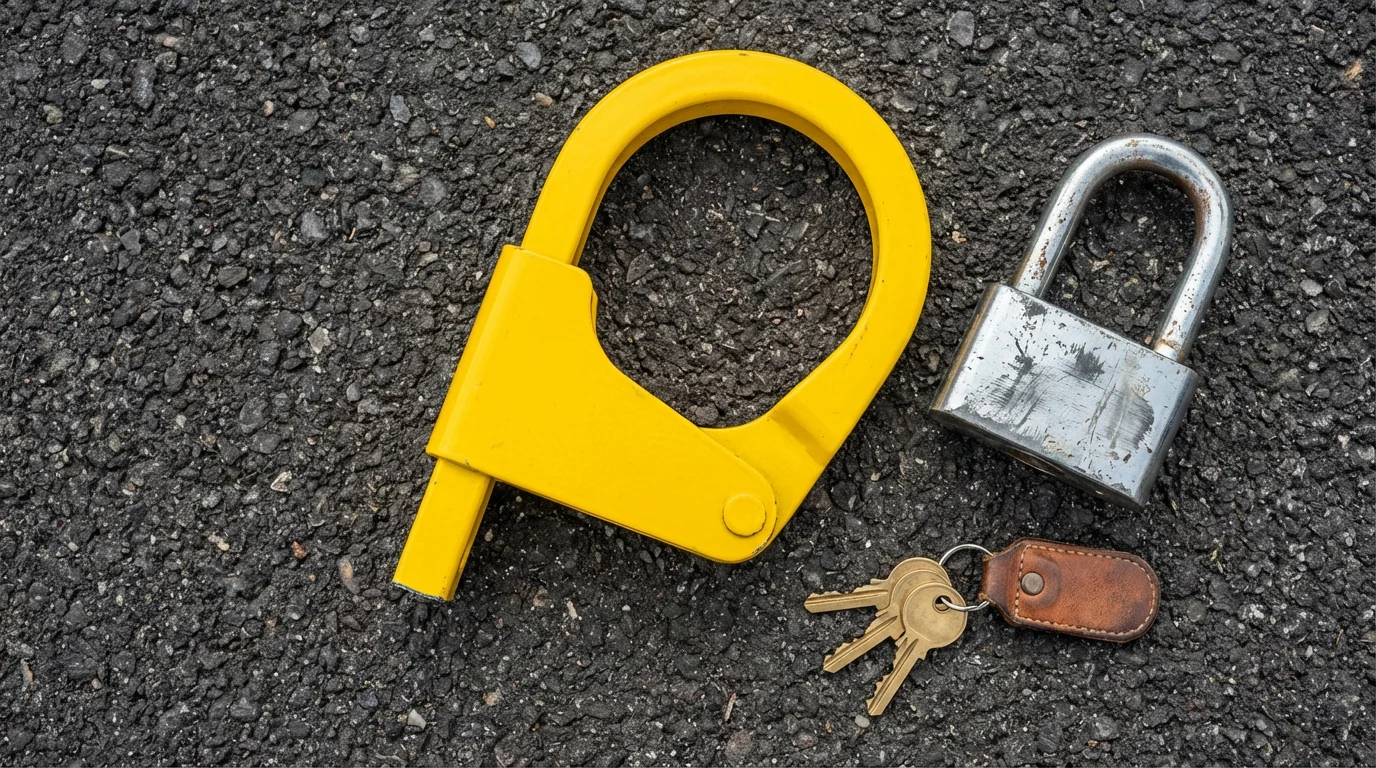 A flat lay of RV security devices including a wheel clamp and hitch lock.