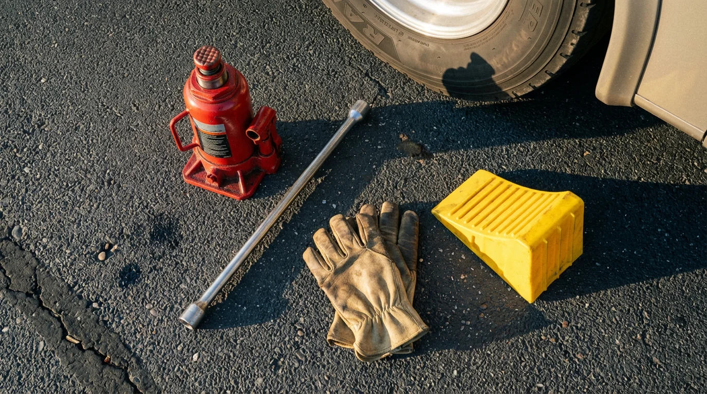 A flat lay of RV tire changing tools including a jack, lug wrench, and gloves.