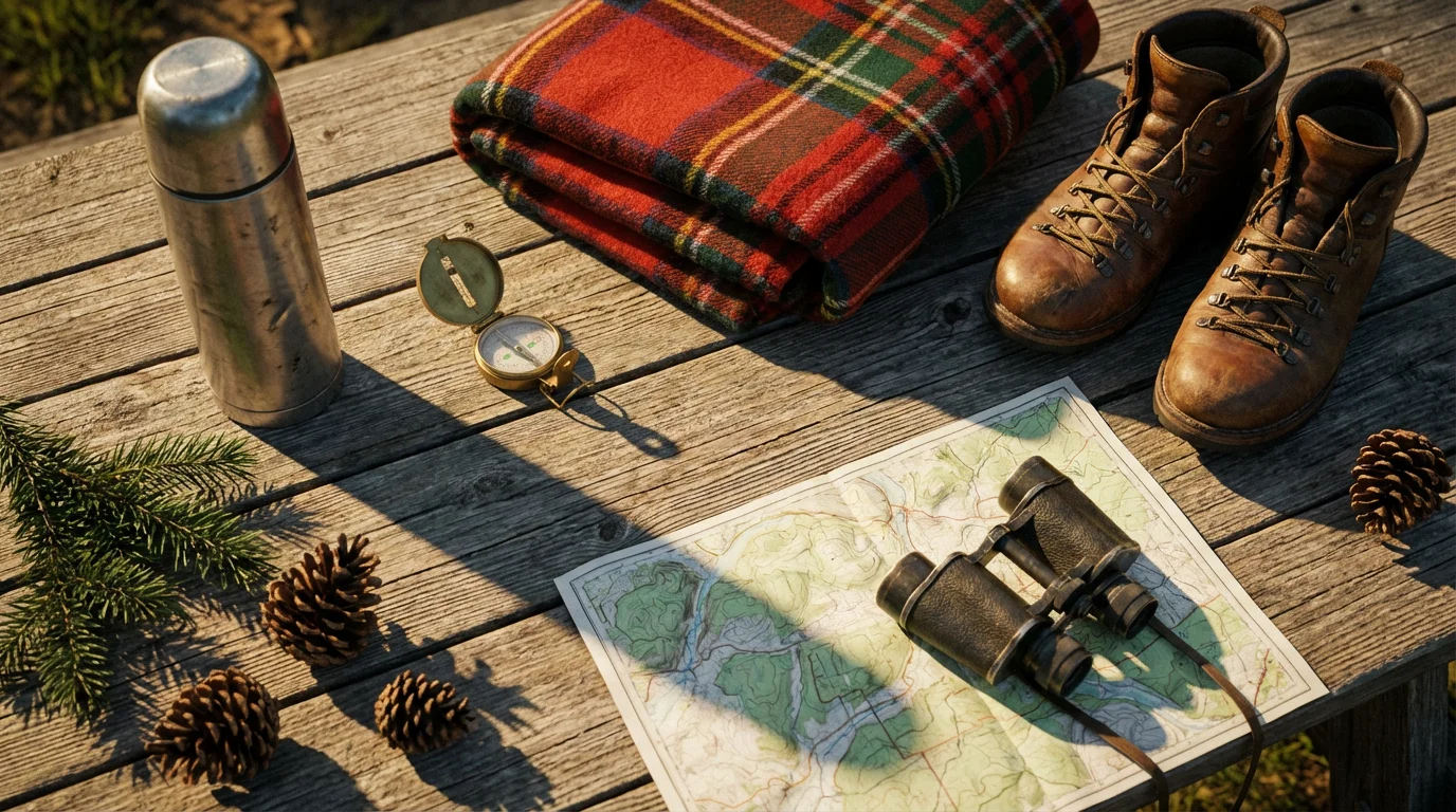 A flat lay of senior camping gear, including a map and compass, at sunset.