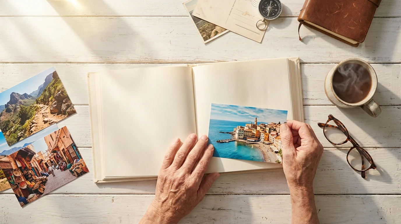 A flat lay of senior hands arranging printed travel photos on a wooden table.