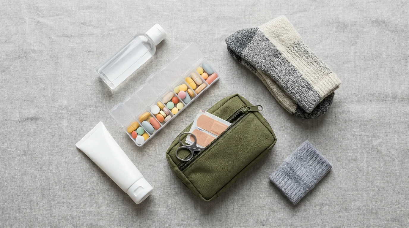 A flat lay of senior travel health items, including a pill organizer and first-aid kit.