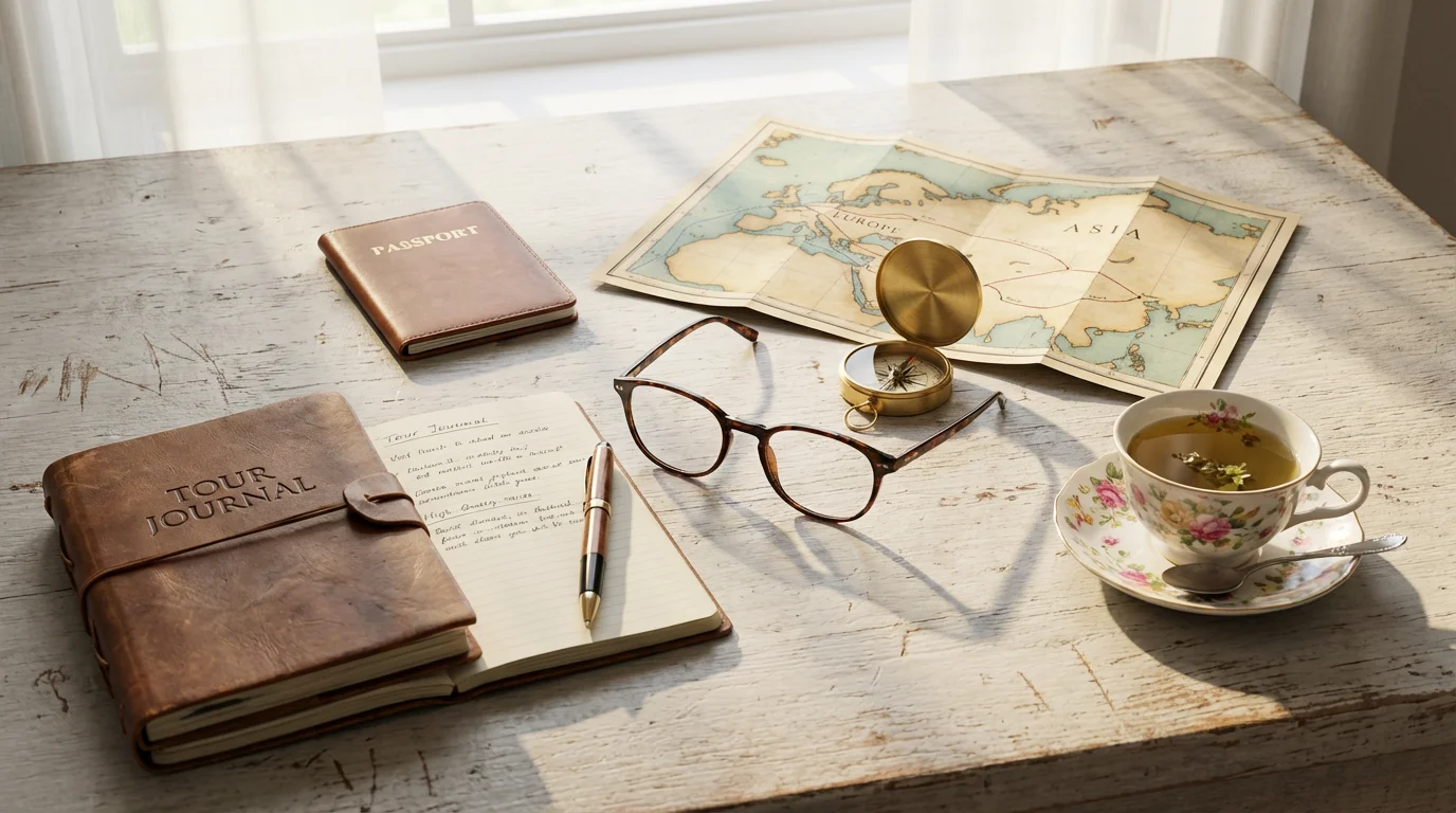 A flat lay of senior travel items including a map, compass, and reading glasses.