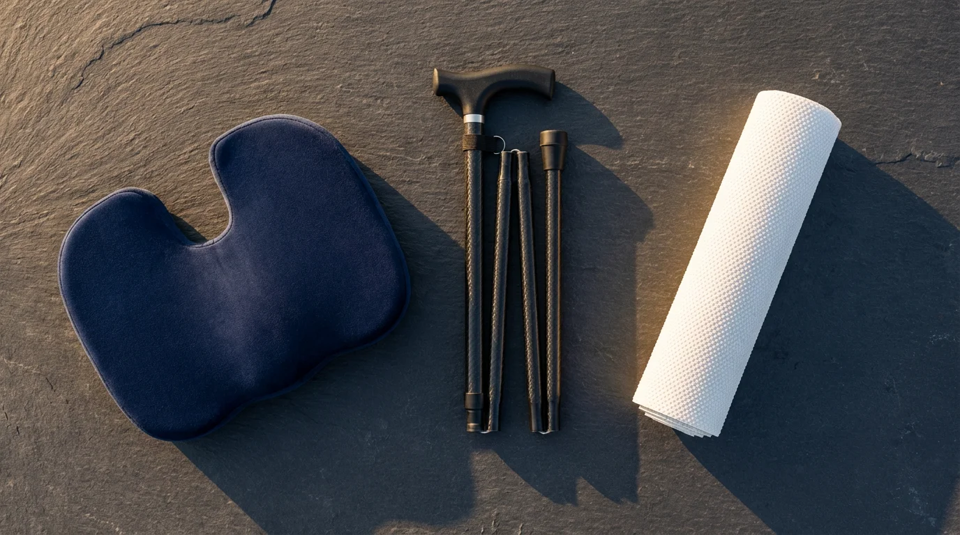 A flat lay of senior travel mobility aids including a folding cane and seat cushion.