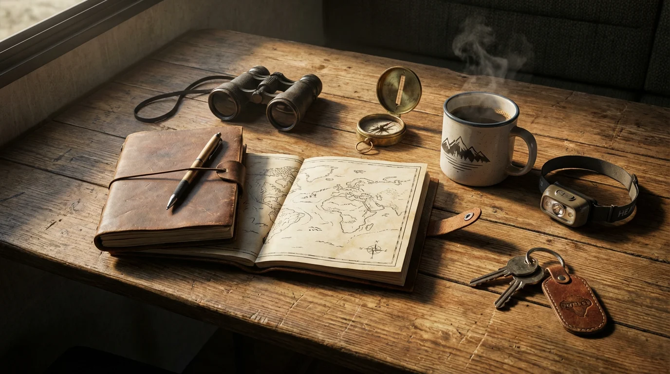 A flat lay of solo RV travel essentials like a journal, compass, and headlamp.