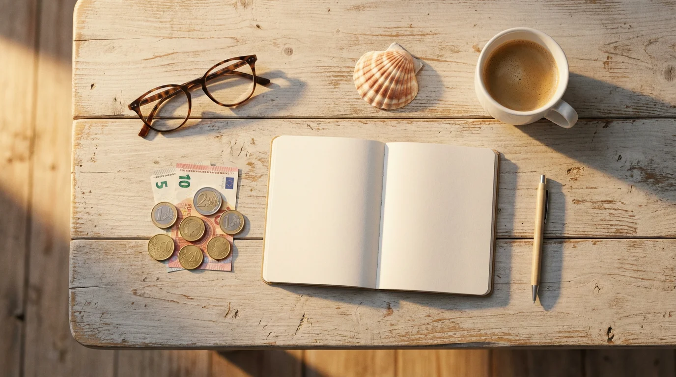 A flat lay of travel budgeting items including Euro currency, a notebook, and glasses.