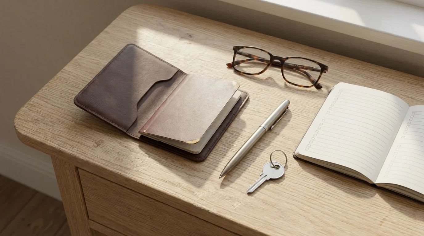 A flat lay of travel documents, reading glasses, a checklist, and a key.