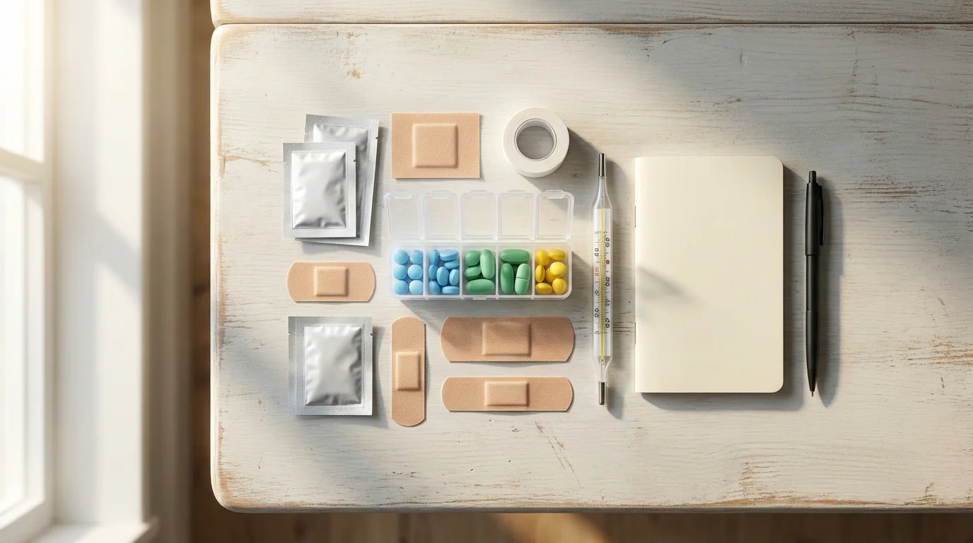 A flat lay of travel first-aid supplies for a senior, including pills and bandages.