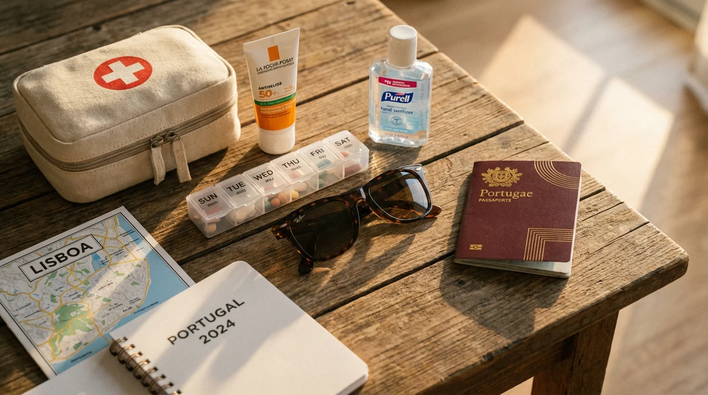 A flat lay of travel health essentials like sunscreen and a first-aid kit.