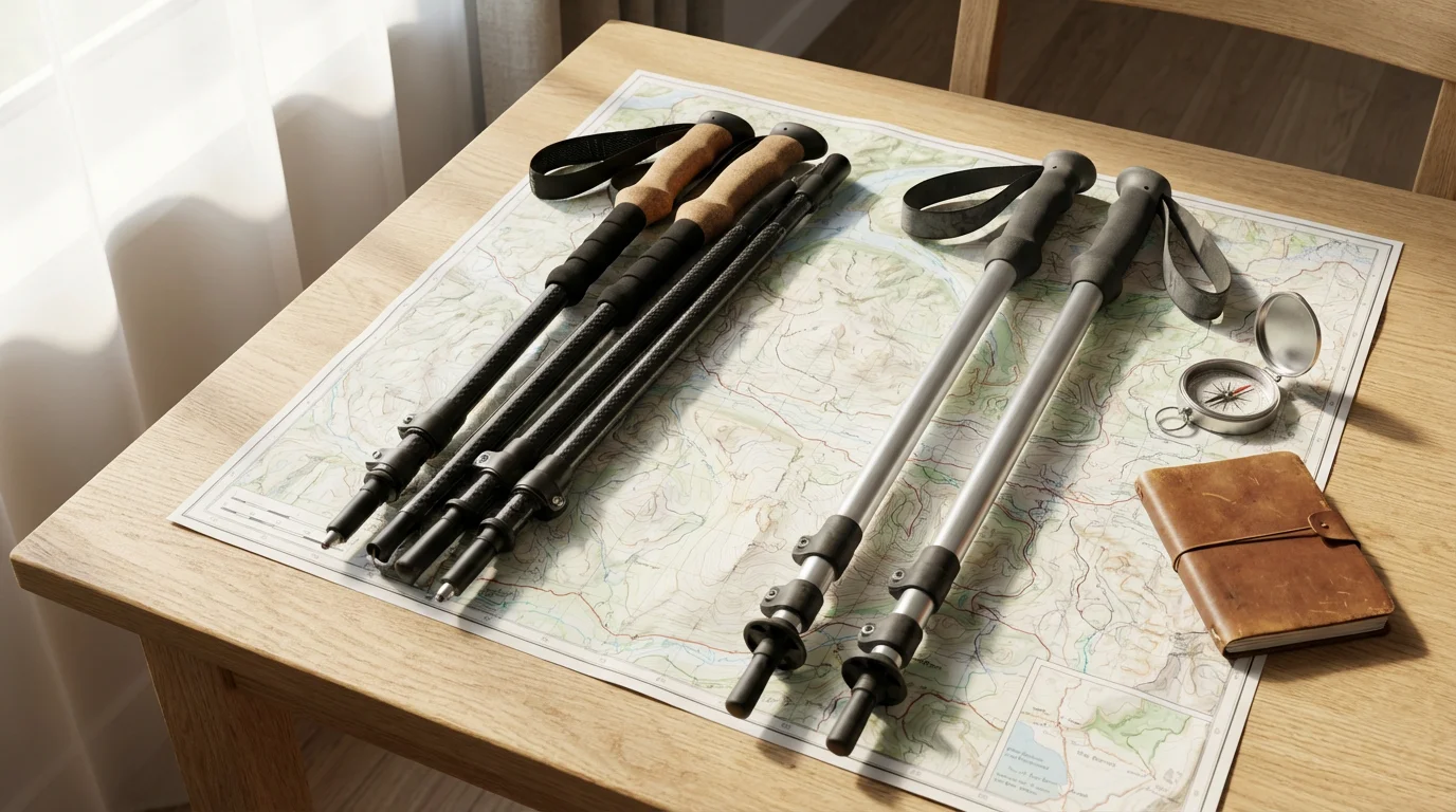 A flat lay of two different types of walking poles on a topographic map.