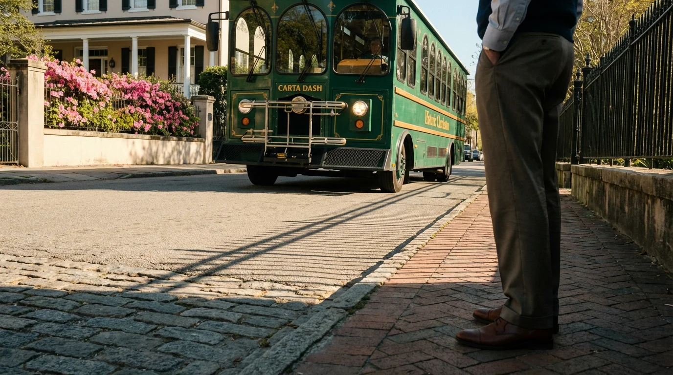 A free green CARTA DASH trolley arrives at a stop in historic Charleston.