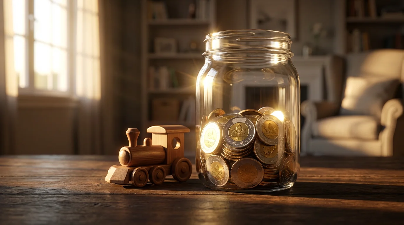 A glass savings jar with Canadian coins and a small wooden train figure.
