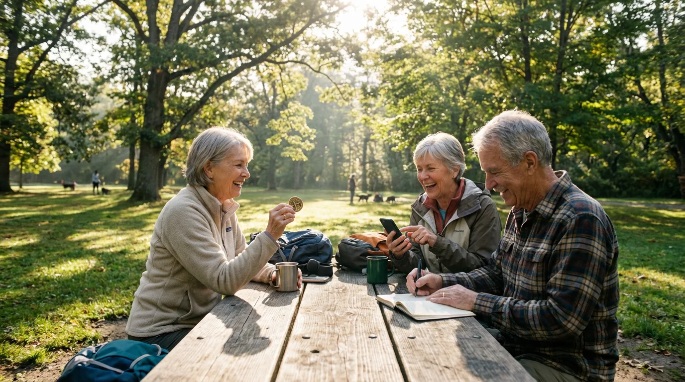 A group of active seniors enjoying geocaching together at a picnic table in a park.