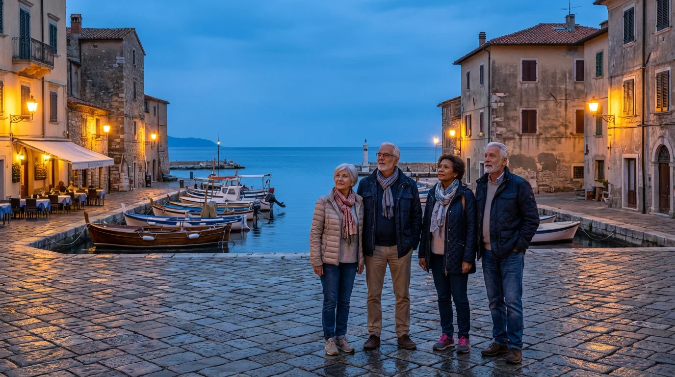 A group of senior travelers enjoying the view of a coastal town harbor at dusk.