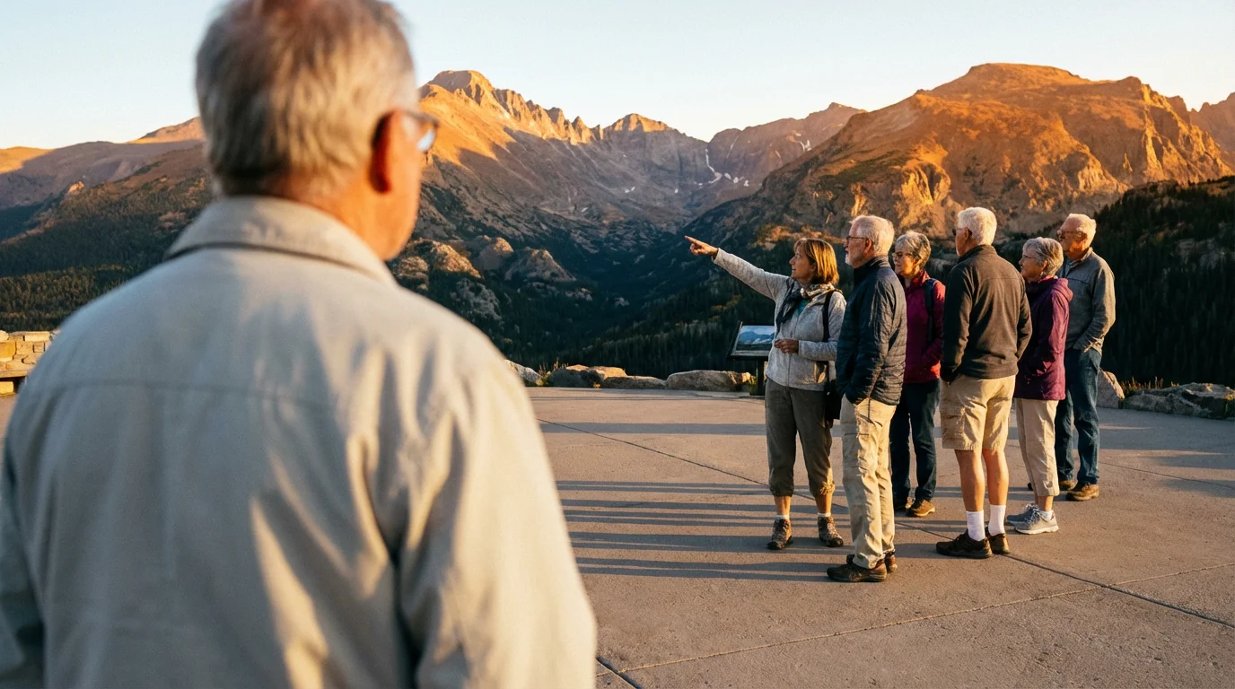 A group of seniors admires a golden hour mountain vista in Rocky Mountain National Park.