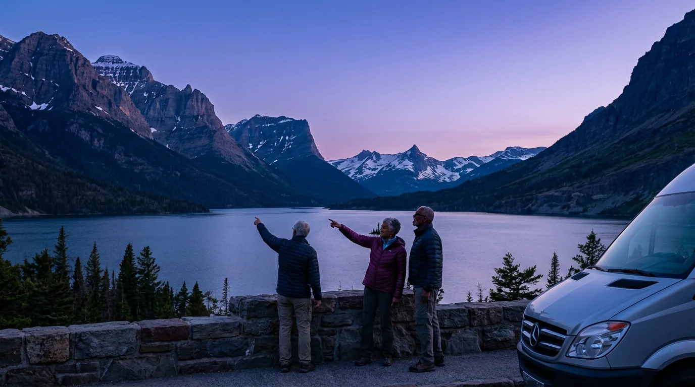 A group of seniors admiring a majestic mountain lake view at dusk in Glacier National Park.