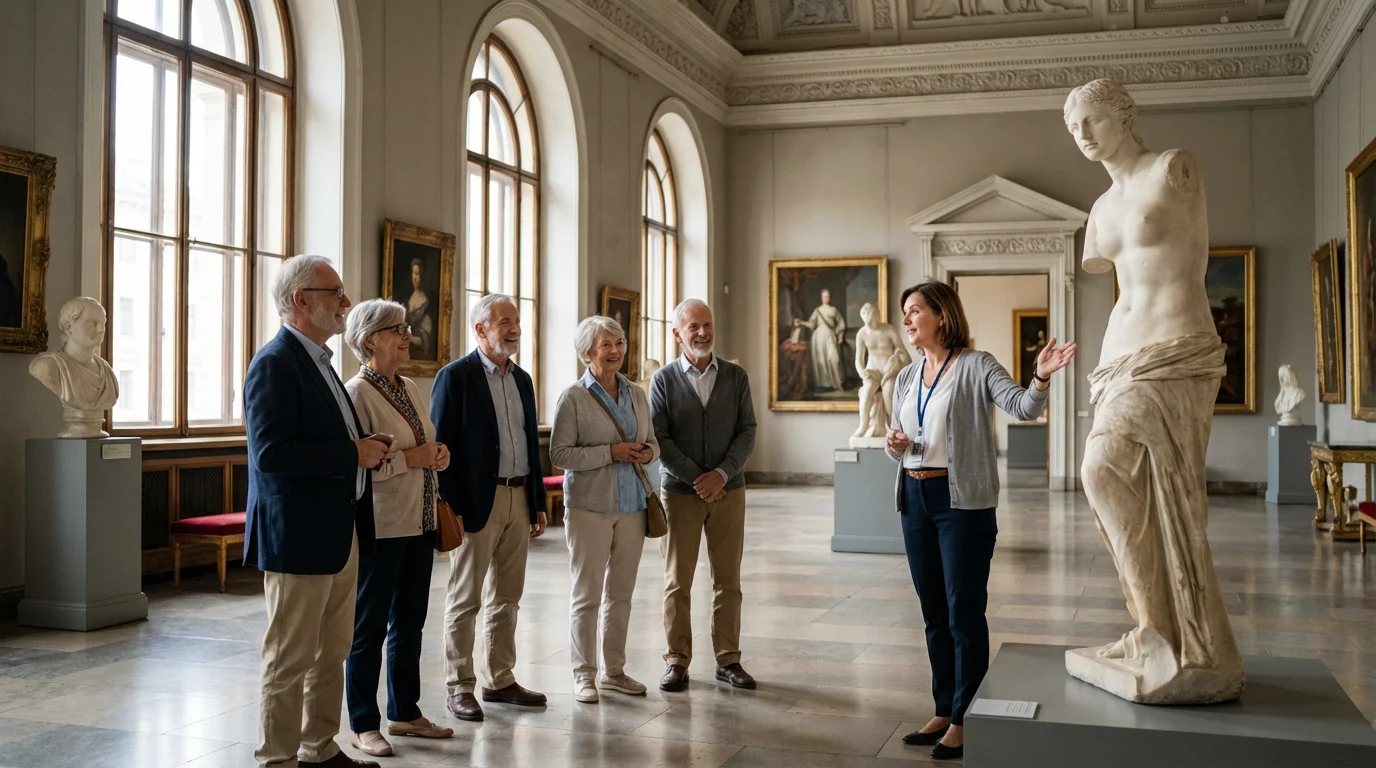 A group of seniors enjoying an expertly guided tour inside a sunlit European museum.