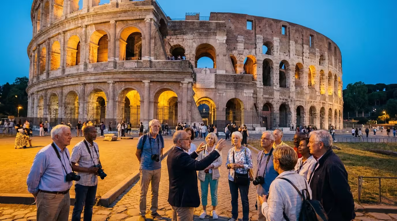 A group of seniors on a guided historical tour of the Roman Colosseum at dusk.