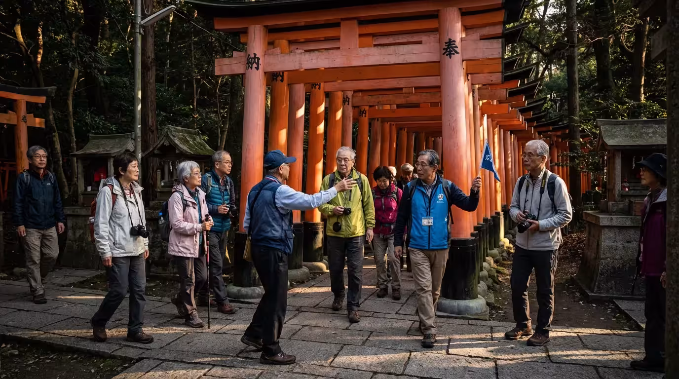 A group of seniors on a historical walking tour through red torii gates in Kyoto.
